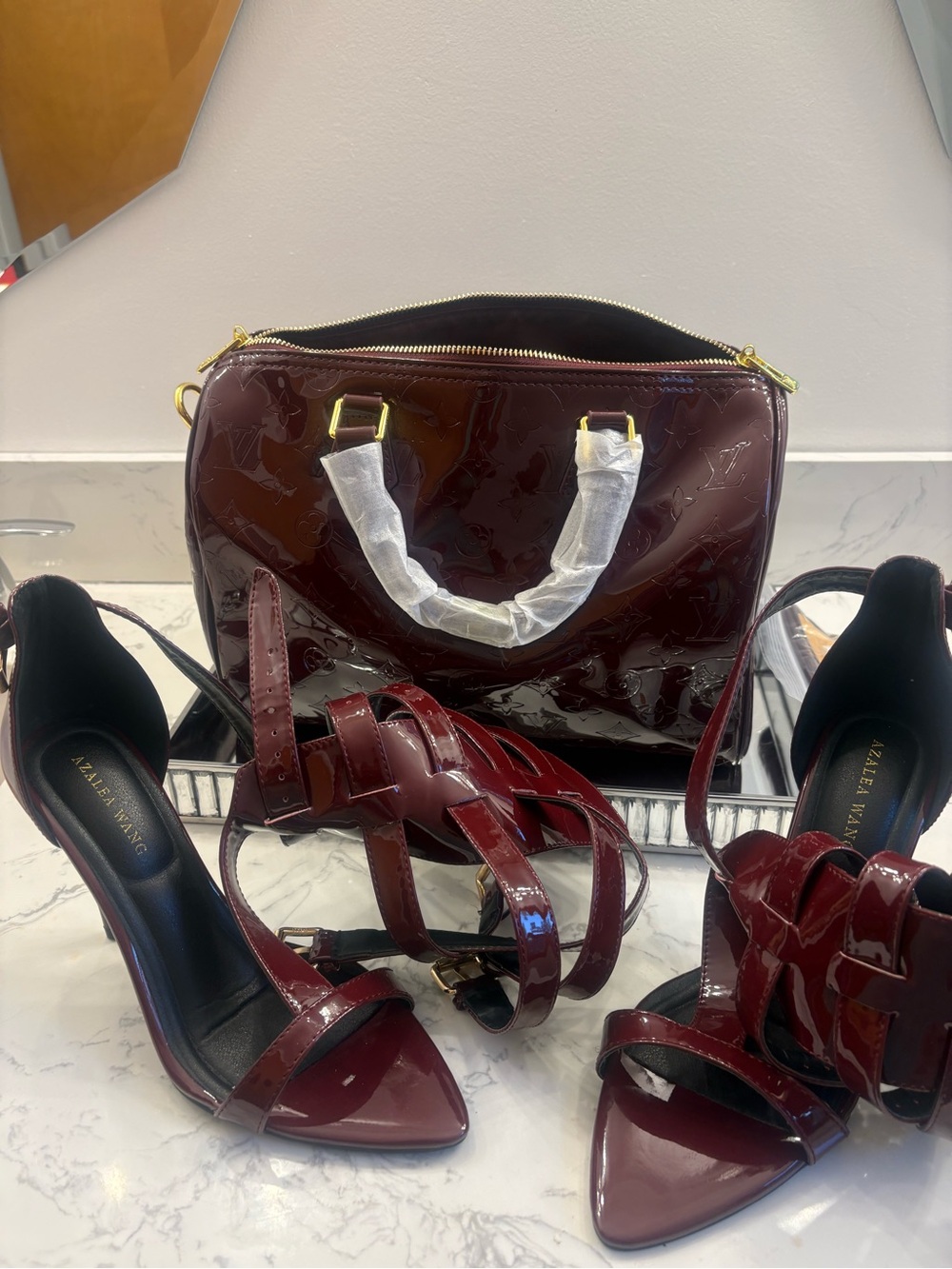 Patent Leather Burgundy Satchel Bag and shoes